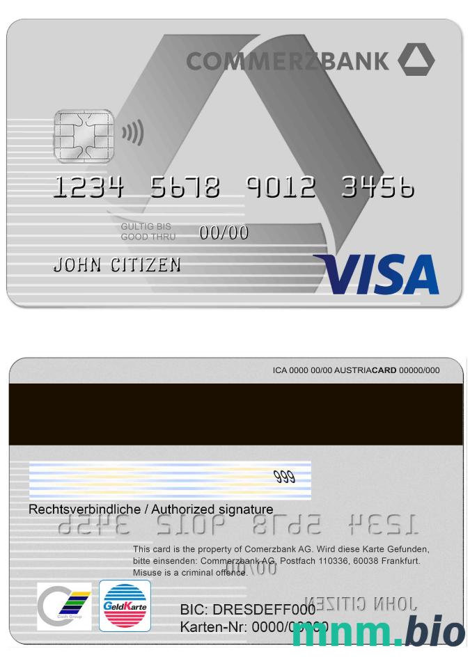 Germany Commerzbank Visa karta w pełni edytowalne PSD